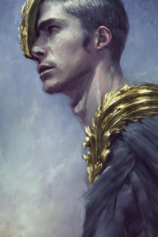 Image similar to a masculine elegant man from sideview with large shoulders and wearing golden laurel wreath, ethereal horror fantasy art by greg rutkowski and magali villanueve and monet con