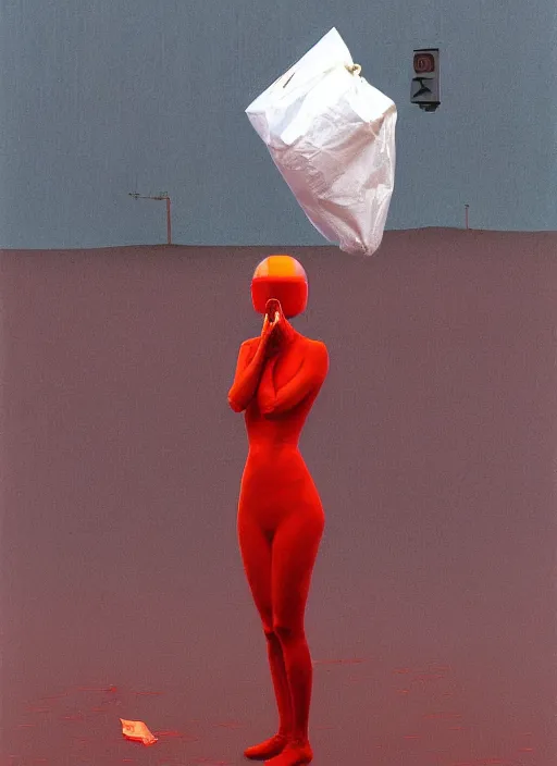 Image similar to woman in VR helmet made of paper bag, dressed in transparent red plastic bags, on flooded street Edward Hopper and James Gilleard, Zdzislaw Beksinski, highly detailed