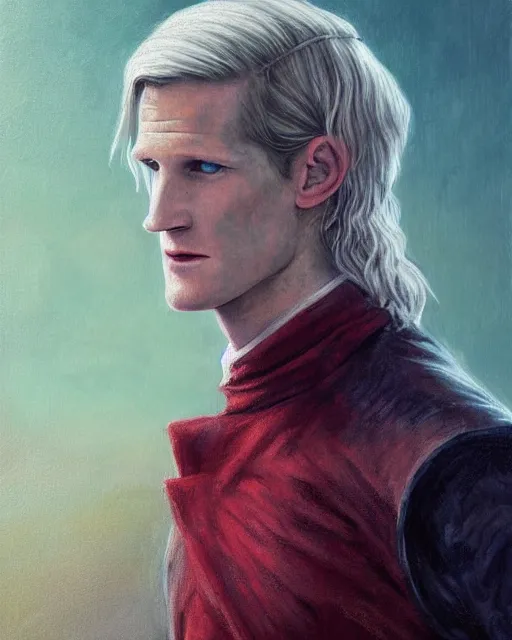 Image similar to detailed painting of matt smith with a long pale blond hair and fantasy noble red clothes, fantasy, game of thrones, targaryen, horror, ethereal, greg rutkowski, magali villeneuve and monet