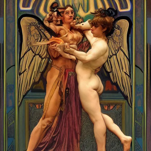 Image similar to angels wrestling demons, hyper realistic, digital painting. art station. mood lighting, highly detailed, concept art, intricate, sharp focus, by shaun and alphonse mucha berke - h 1 2 0 0