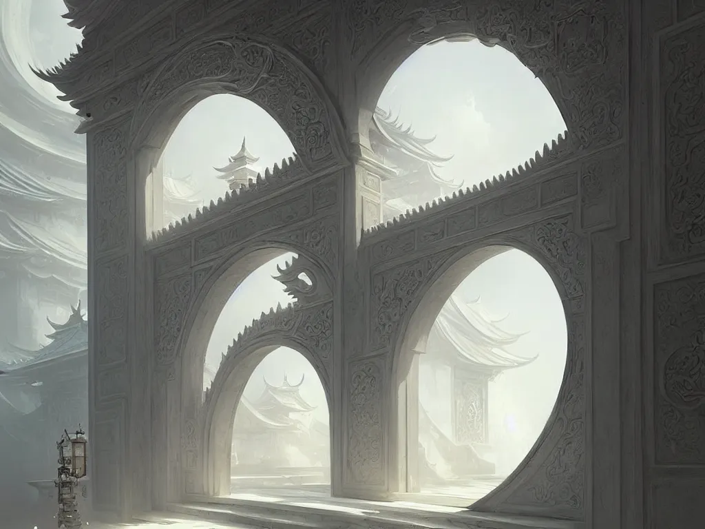 Image similar to circular gate in a white wall, leading to heaven. chinese architecture. fantasy. detailed. smooth. sharp focus. trending on artstation. artist greg rutkowski.