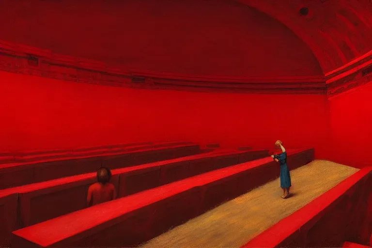 Image similar to only with red, crowd screaming, an exposed picture in a roman theater, in the style of beksinski, parts by edward hopper, parts by rodcenko, parts by yue minjun, intricate and epic composition, red by caravaggio, insanely quality, highly detailed, masterpiece, red light, artstation, 4 k