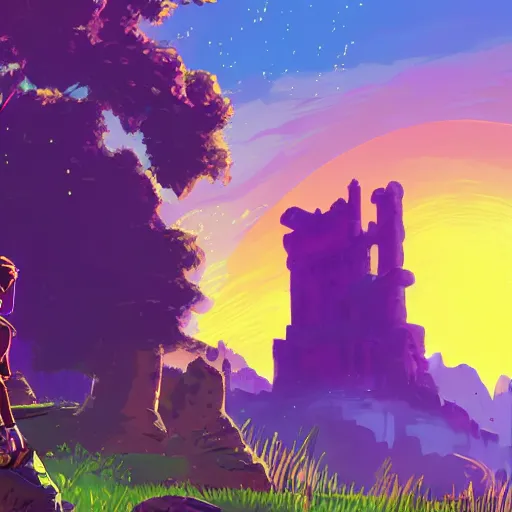 Image similar to Magical purple portal, castle ruins in background, sunset, glowing sun, miss, style of breath of the wild, studio ghibli