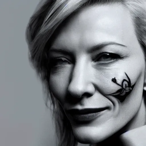 Image similar to high resolution portrait of cate blanchett with face tattoo , highly detailed, photorealistic, 4k