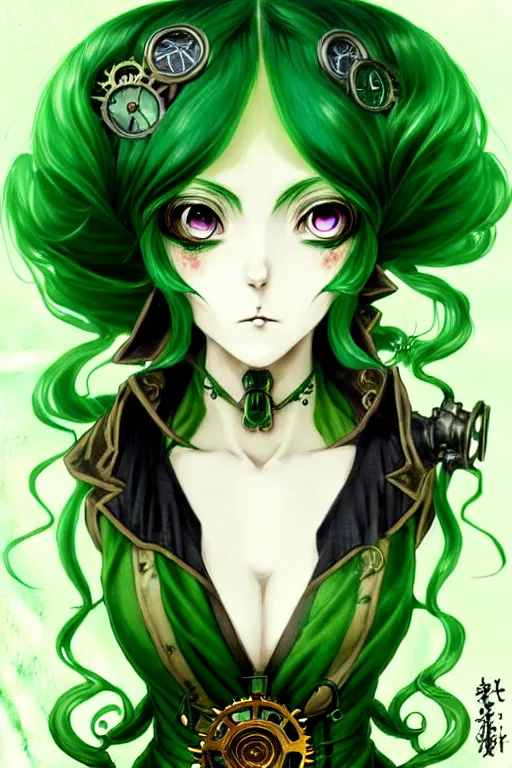 Prompt: beautiful green hair anime woman victorian dress, steampunk, fantasy, eerie, intricate details, pixiv, digital painting, artstation, concept art, 8 k, art by artgerm, loish and alohonse mucha and eiichiro oda symmetrical face symmetrical eyes