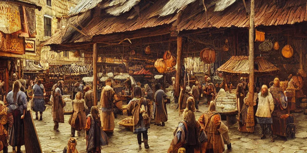 Prompt: Highly detailed viking period oil painting of aviking market, strong atmosphere, oil painting masterpiece by Josep Tapiró Baró, symmetry, fractals