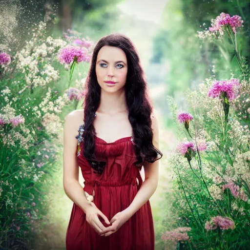 Image similar to beautiful Dressmaker with long dark hair working full of magic, flowers, 4k, colors, portrait