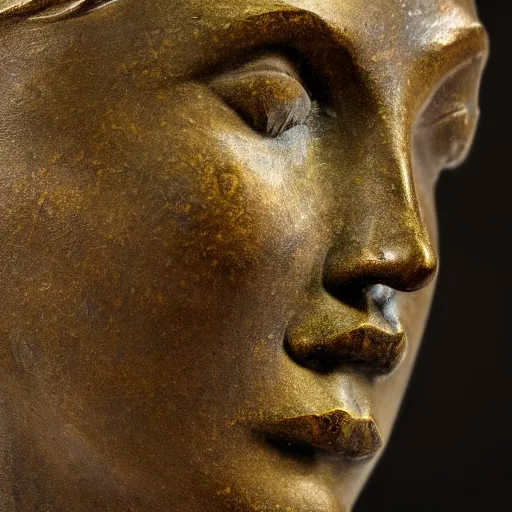 Prompt: detailed photo of an old bronze patina statue of a woman head and shoulder portrait, intricate detail, museum diffuse lighting