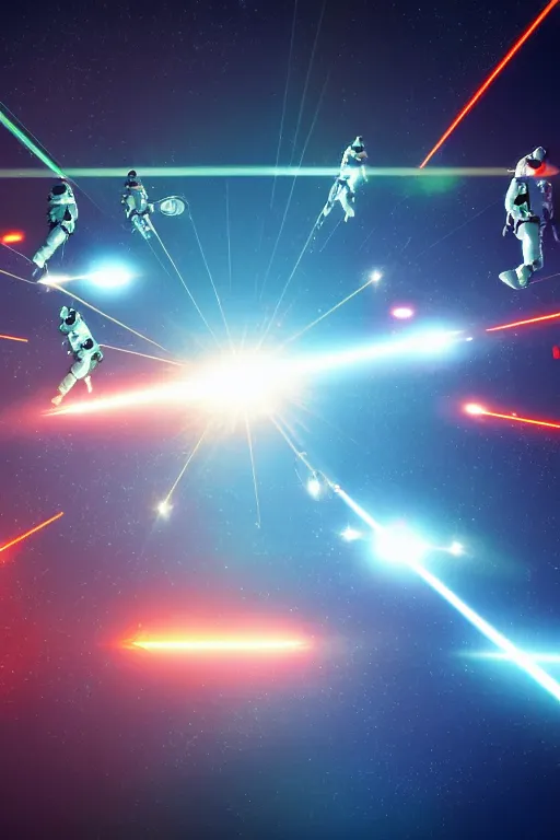 Prompt: wide view of a dozen futuristic spacemen firing lasers, zero gravity, floating, in space, bright, hiding behind obstacles, surrounded by a laser grid, stars visible, unreal engine, lensflares, low perspective, vector, polygons