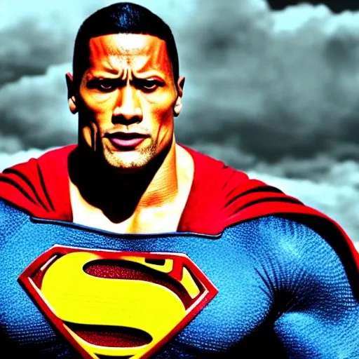 Image similar to dwayne johnson as superman, face visible, full body shot, highly - detailed, sharp focus, award - winning