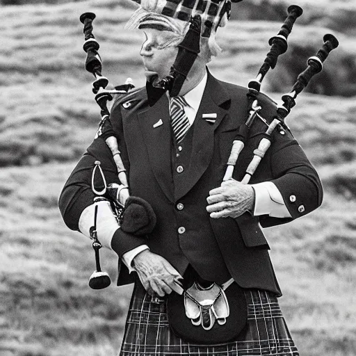 Prompt: joe biden wearing a kilt and playing a bagpipe in the scottish highlands, 8 k, very detailed,