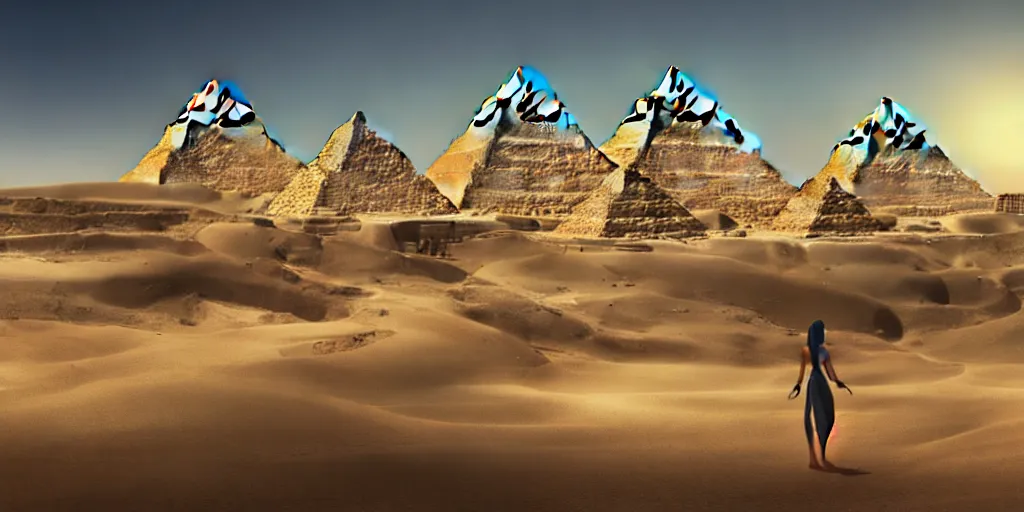 Prompt: egyptian landscape with pyramids by makoto shinkai