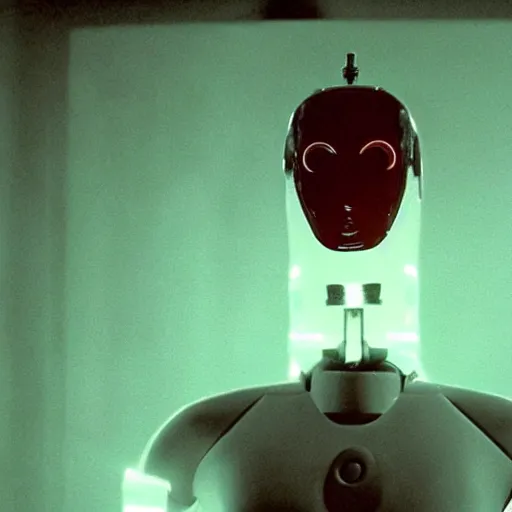 Image similar to movie scene of a man with a robot head, movie still, cinematic composition, cinematic light, Movie by David Lynch, Movie by Andrzej Żuławski