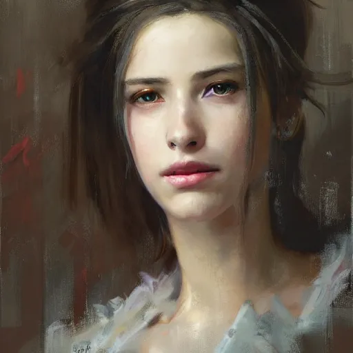 Prompt: Richard Schmid and Jeremy Lipking full length portrait painting of Aerith from Final Fantasy