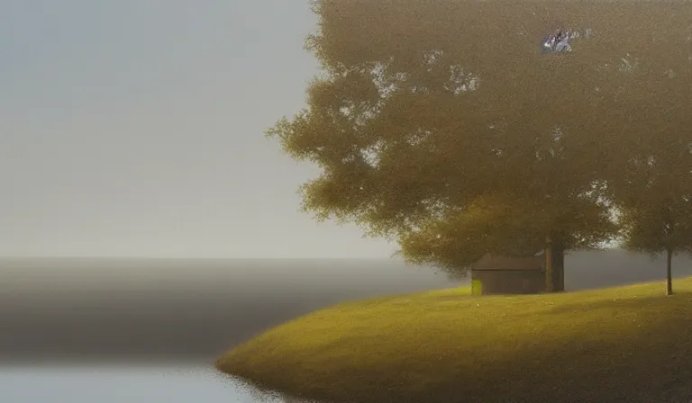 Prompt: A serene landscape with a singular building in the style of Lee Madgwick.