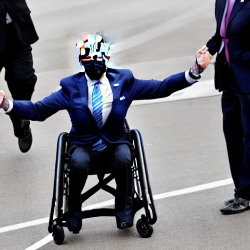 Image similar to joe biden falling off his wheelchair, award winning photo