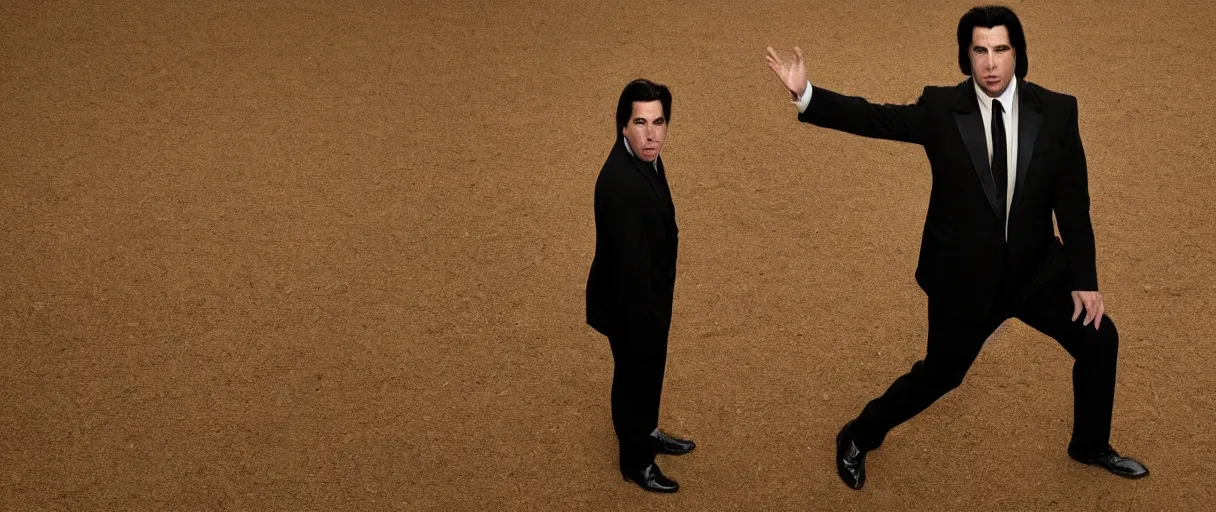 Image similar to accidentally wes anderson award - john travolta as vincent vega suprised gesture nobody there ghost town tumbleweed bushes on ground shrugging hand at waist level. standing in black suit golden ratio, fibonacci composition, 4 k, detailed, art by greg rutkowsky, trending on artstation, cinematic lighting, filmic grain, golden hour, detailed, 4 k