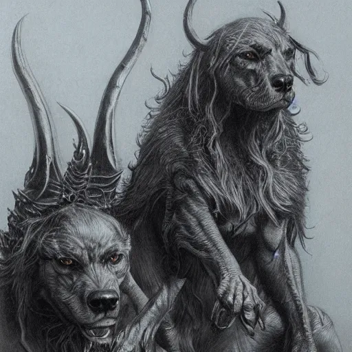 Prompt: the hounds of hell, fantasy art, artstation, alan lee, illustration, detailed