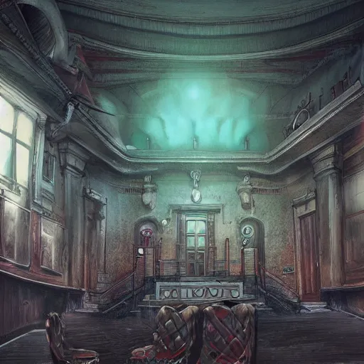 Image similar to eldritch legislature, fantasy illustration, realistic colorful photography, interior, hyperrealism