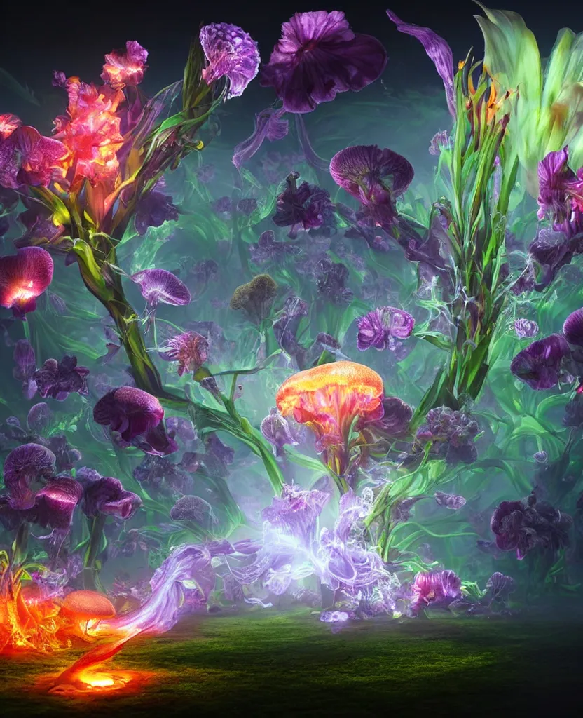 Image similar to 3 d giant orchid flower, giant gladiola and jellyfish face chakra phoenix bird in a giant mycelium fungus, translucent, bio luminescent, plasma, smoke and water energy flow, highly detailed, octane render, excellent composition