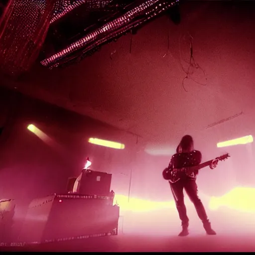 Image similar to dusty Trent Reznor smashing guitars, group of people on stage playing instruments, elaborate stage effects, dust, smoke, giant LED screens, colored projections, ultrafine detail, goth cybersuit, glowing thin wires, smoke, high contrast, projections, a screenshot by David Gilmour Blythe, holography, tesseract, volumetric lighting, anamorphic lens flare