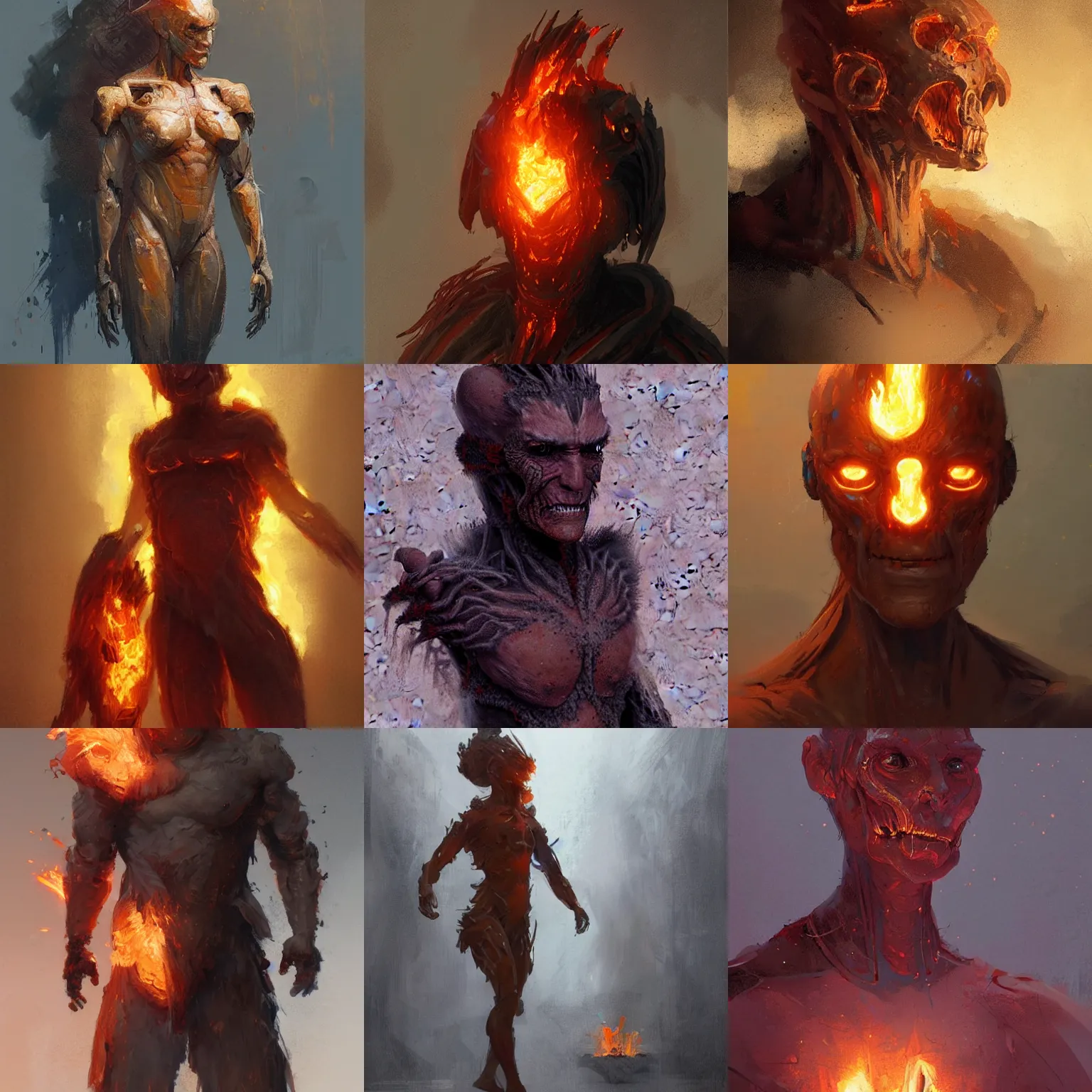 Prompt: a humanoid made from fire, concept art by greg rutkowski and j. dickenson