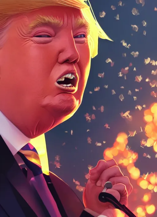 Image similar to donald trump, single centered subject, mid shot, ambient lighting, detailed face, by makoto shinkai, stanley artgerm lau, wlop, rossdraws