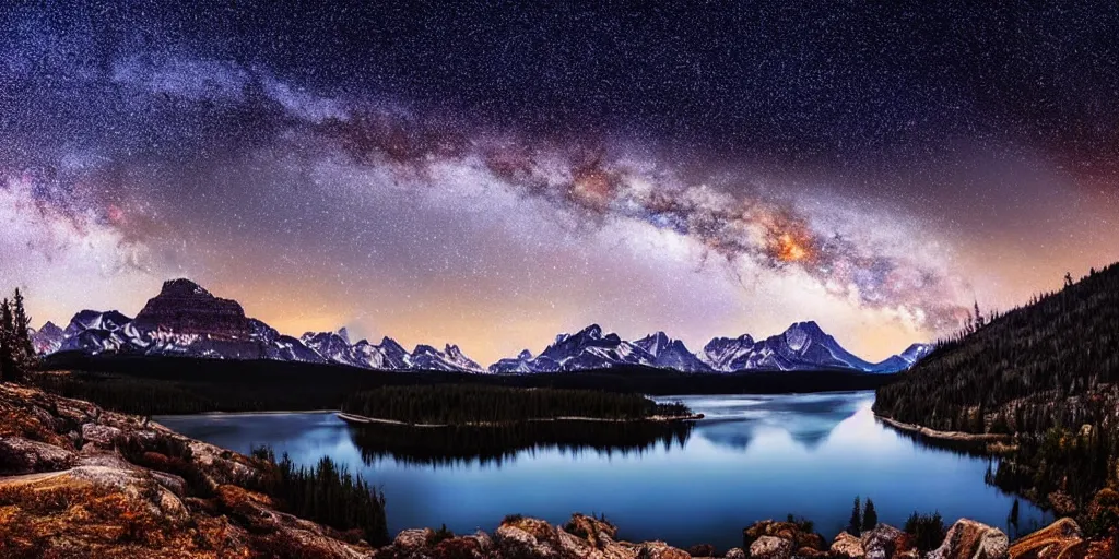 Prompt: beautiful nighttime landscape photography of the Rocky Mountains with a crystal blue lake, hyper detailed milky way galaxy sky, serene, dramatic lighting.