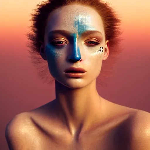 Prompt: photographic portrait of a stunningly beautiful renaissance female with abstract tribal makeup in soft dreamy light at sunset, contemporary fashion shoot, by edward robert hughes, annie leibovitz and steve mccurry, david lazar, jimmy nelsson, breathtaking, 8 k resolution, extremely detailed, beautiful, establishing shot, artistic, hyperrealistic, beautiful face, octane render