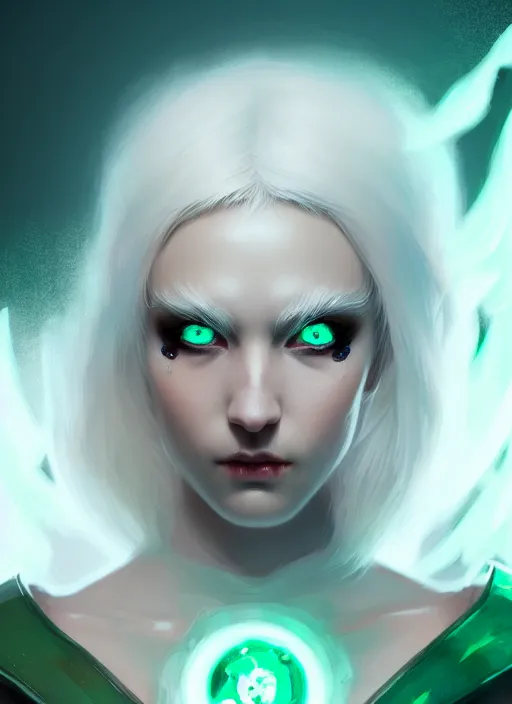 Image similar to a beautiful white - haired girl with emerald eyes dressed as a superhero, pyromancer, intricate, elegant, highly detailed, digital painting, artstation, concept art, smooth, sharp focus, illustration, ethereal, misty, by ilya kuvshinov and jeremy mann, 8 k, octane render