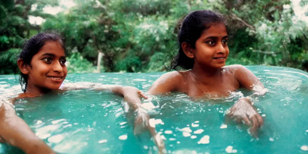 Image similar to sri lankan girl in a hot tub, film still, bubbles