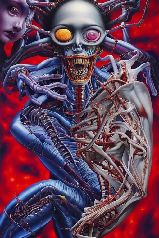 Image similar to a tall, fleshy anatomical figure with extra limbs, !!!wide eyes!!! hovering in the air, zero gravity, aliens around, rich colours, Ayami Kojima, mark brooks, hauntingly surreal, highly detailed painting by Katsuhiro Otomo, part by Adrian Ghenie, part by Gerhard Richter, Soft light 4K