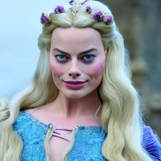 Prompt: Margot Robbie as Rapunzel in disney tangled live action, 8k full HD photo, cinematic lighting, anatomically correct, oscar award winning, action filled, correct eye placement,