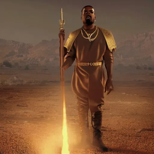 Image similar to Kanye West as Emperor Napoleon in Fallout New Vegas, splash art, movie still, cinematic lighting, dramatic, octane render, long lens, shallow depth of field, bokeh, anamorphic lens flare, 8k, hyper detailed, 35mm film grain