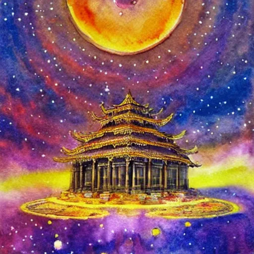 Image similar to grand dream cosmic temple where a man's soul goes to choose his next life, thick atmosphere, souls sprouting from the ground ,watercolor, epic shot