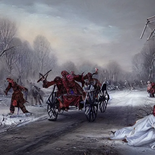 Image similar to painting of zombies attacking a carriage on a winter road, dark fantasy, high detail, realistic