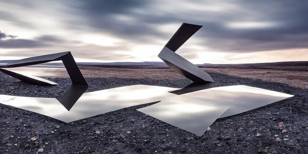 Prompt: futuristic angular minimalist sculpture made from deconstucted charcoal wood and mirrors, refracted, floating, iceland landscape photography sunset, by lurie belegurschi and gunnar freyr