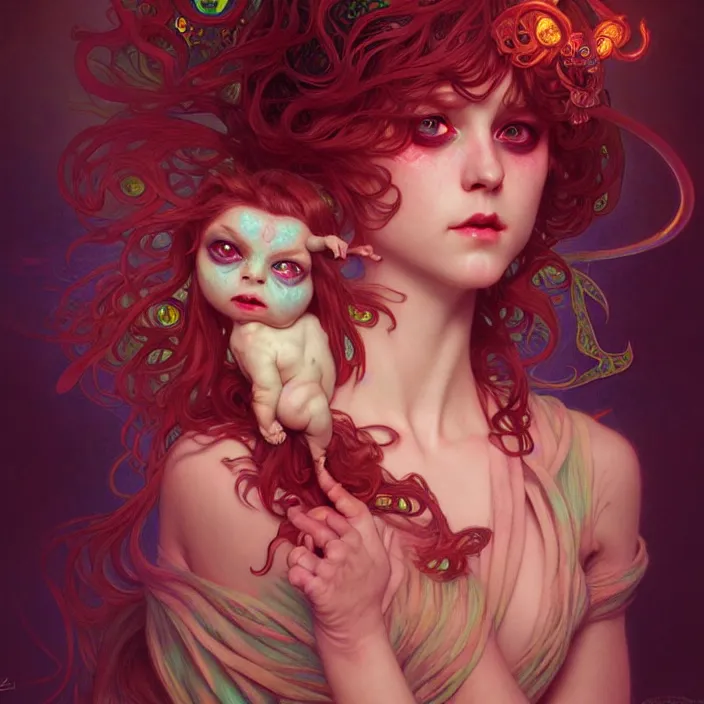 Prompt: psychedelic cute little demon, diffuse lighting, fantasy, intricate, elegant, highly detailed, lifelike, photorealistic, digital painting, artstation, illustration, concept art, smooth, sharp focus, art by John Collier and Albert Aublet and Krenz Cushart and Artem Demura and Alphonse Mucha