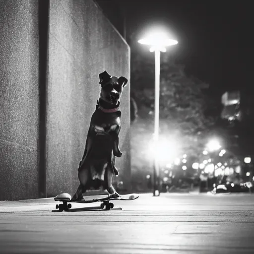 Prompt: A skateboarding dog at night, Voigtlander Nokton 10.5mm f/0.9