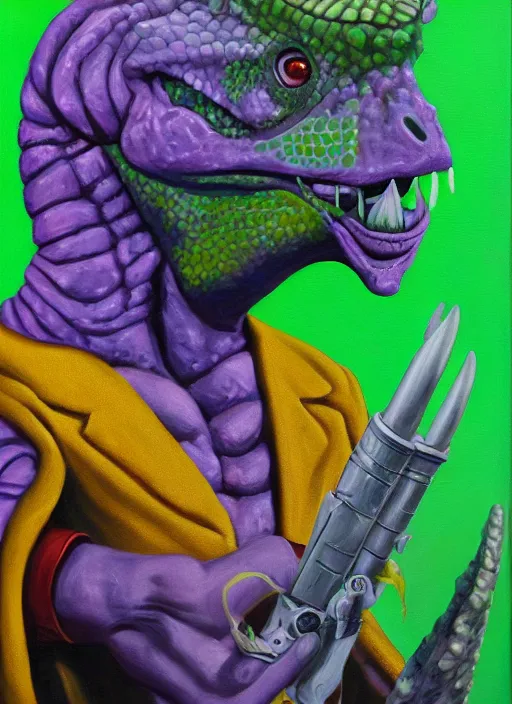 Image similar to oil painting portrait of a cowboy lizard person, a gorn from star trek, a snake oil salesman wearing a blonde wig in a movie poster for a movie called gorn on the bull horn girl, purple green color scheme