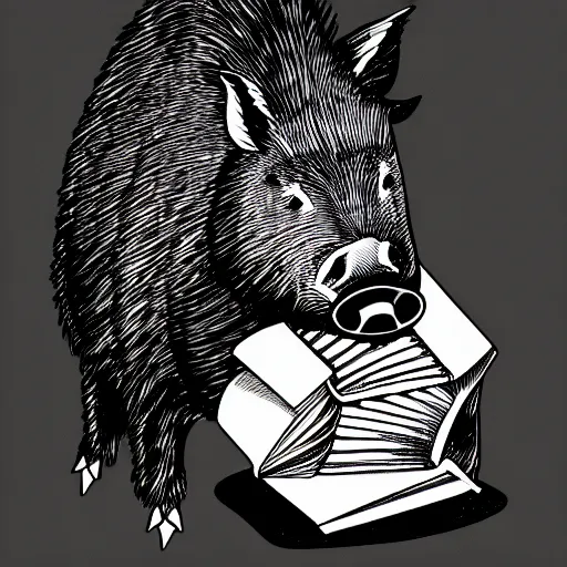 Prompt: book illustration of a wild boar eating gummy worms, book illustration, monochromatic, white background, black and white image