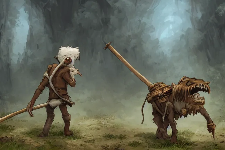 Prompt: a lone brownish whiteish kobold traveling the long dirt road carrying a bindle stick, d & d, fantasy setting, character concept art, 4 k, digital art