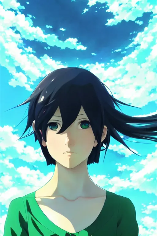 Image similar to makoto shinkai, artgerm, ilya kuvshinov, beautiful anime women with green dress, long blue hair, water powers water swirling, symmetrical face, symmetrical eyes, detailed, beach setting, cinematic lighting