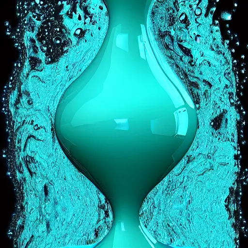 Image similar to a small turquoise color liquid water sculpture is a corvette, hybrid, viscous, reflective, monochromatic, digital art