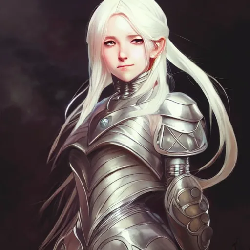 Image similar to anime girl portrait, armor, full body, white hair, d & d, fantasy, detailed eyes, intricate, backlit, realistic lighting, elegant, highly detailed, digital painting, artstation, concept art, smooth, sharp focus, illustration, art by artgerm, greg rutkowski, alphonse mucha