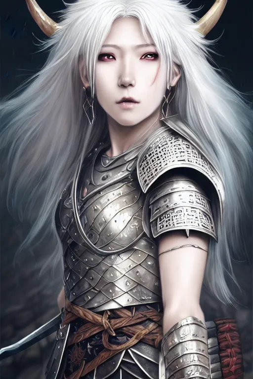 Image similar to A realistic anime portrait of a beautiful white haired female barbarian wearing an intricate viking armor, digital painting, by Stanley Artgerm Lau, Sakimichan, WLOP and Rossdraws, digital painting, painterly, Pixiv, Deviantart, golden ratio, rule of thirds, good composition, HD, 8k, award winning, promo art, splash art, rpg, jrpg, dungeons and dragons, DND, trending on ArtStation