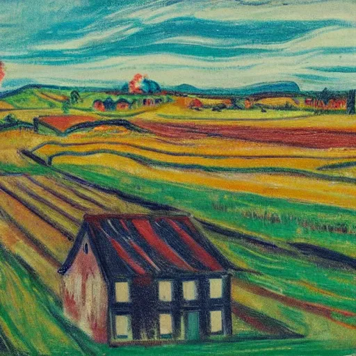 Image similar to a small vintage farm on fire in a corn field in the style of Edvard Munch