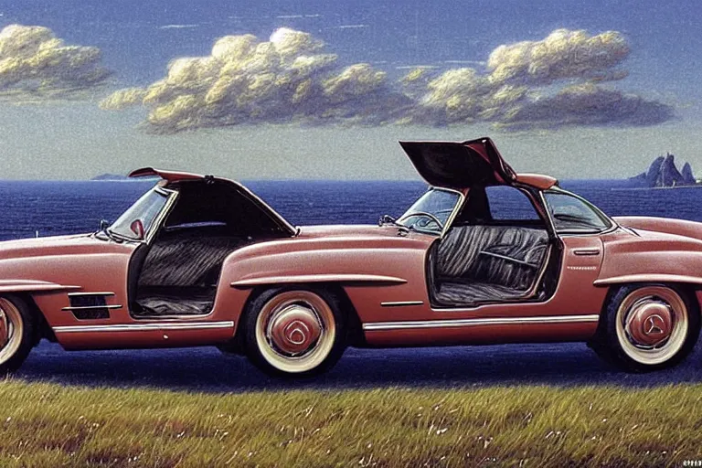Image similar to intricate, 3 d, 1 9 5 5 mercedes 5 0 0 sl, style by caspar david friedrich and wayne barlowe and ted nasmith.