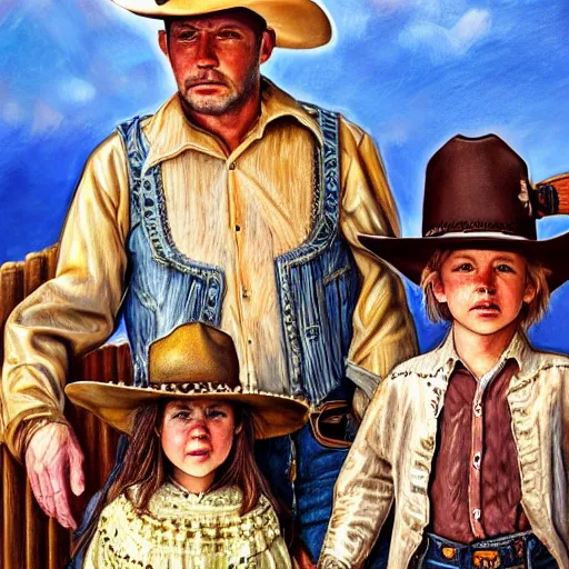 Image similar to Intricate five star Beautiful Wild West Family portrait by Ann Kullberg, Colored pencil on paper, high detail, skin texture, photo realistic, hyperrealism,matte finish, high contrast, 3d depth, masterpiece, vivid colors, artstationhd