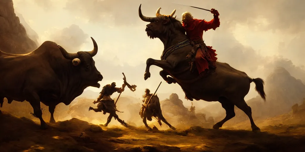Prompt: don quixote fighting a bull, greek mythology, extremely detailed digital painting, in the style of goya and ruan jia and jeremy lipking and peter mohrbacher, mystical colors, rim light, beautiful lighting, 4 k, stunning scene, raytracing, octane, trending on artstation